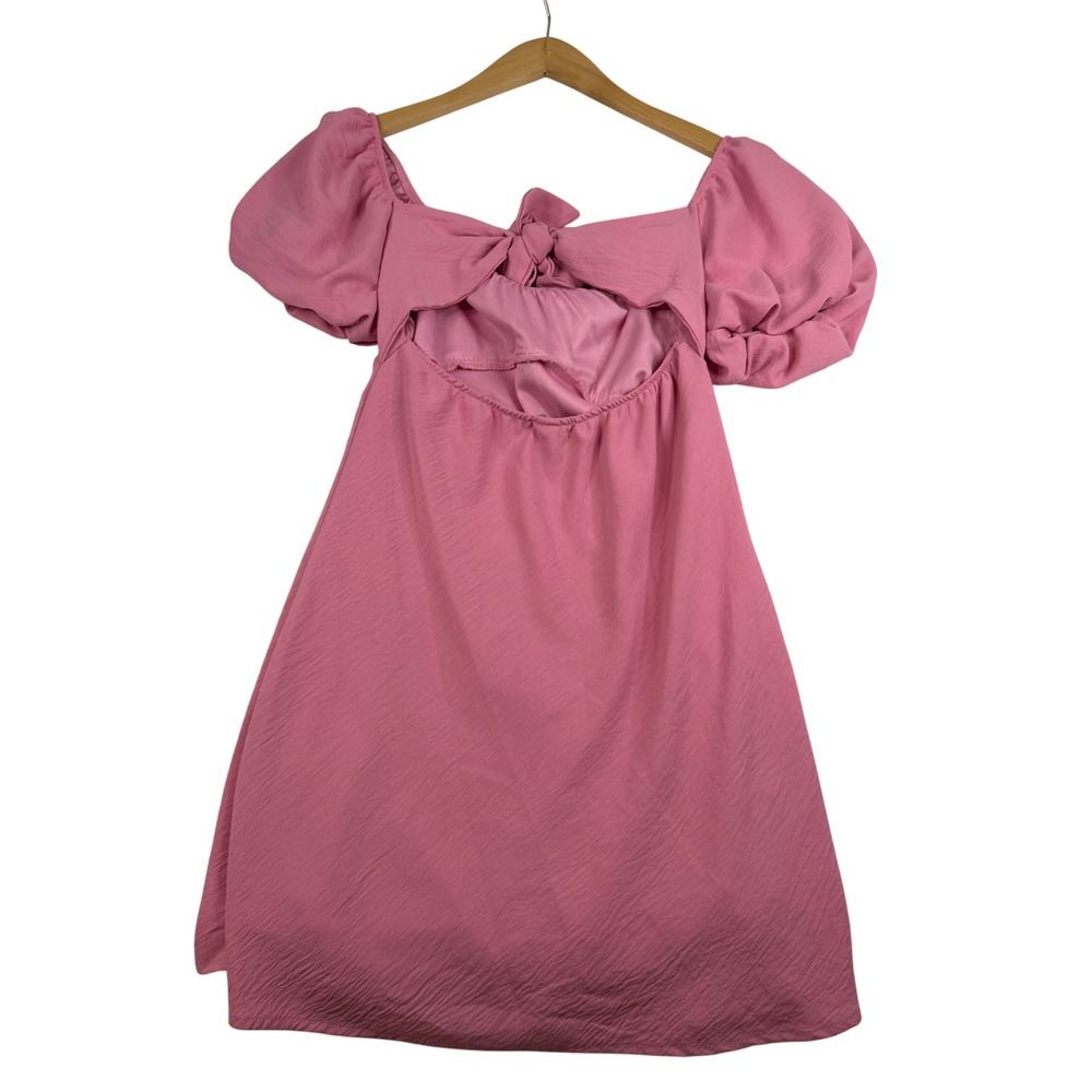 Originality Rose Pink Puff Sleeve Cutout Tie Back Mini Dress W039DG Medium NEW